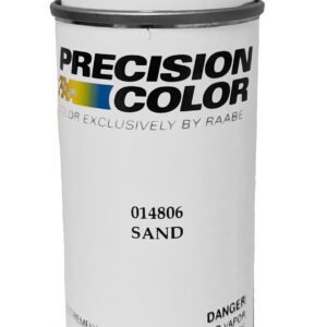 A can of Precision Color spray paint labeled 014806 SAND. The can is mostly white with black text and a small color stripe near the top. Warnings about flammability and eye irritation are printed at the bottom.