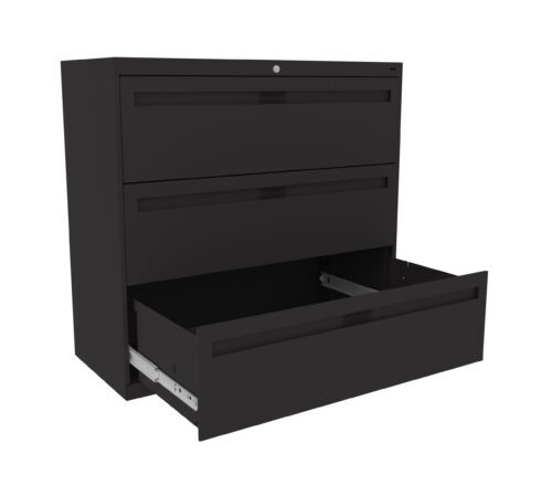 rggagk06hoh1per1djbq.jpg Black, three-drawer filing cabinet with a glossy finish. The bottom drawer is open, while the top two drawers are closed. The cabinet has a lock on the top drawer for security.