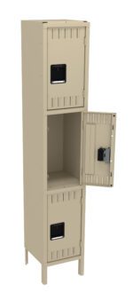 Tall beige metal locker with three compartments, two doors closed and one middle door open. Ventilation slots are present on each door, and the open compartment is empty, with a locking mechanism visible.