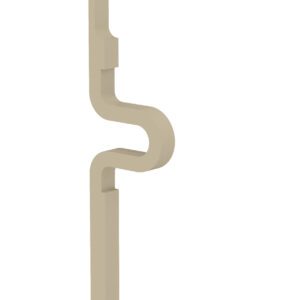 A beige, abstract sculpture with a vertical, curved design featuring a hook-like shape at the bottom and a wavy section in the middle against a white background.