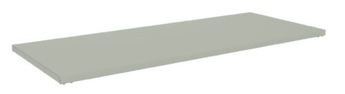A flat, rectangular, light gray shelf with smooth edges and a sleek surface. The shelf is shown from an angled side view, highlighting its simplicity and functionality.