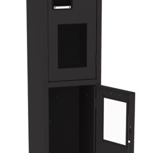 Tall black storage cabinet with two compartments, each with a door. The upper door is closed, while the lower door is open, displaying an empty interior. The design is modern and minimalist.