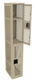 Beige metal locker with a mesh design, consisting of two compartments. The top compartment door is open, revealing two shelves. The bottom compartment is closed. Both compartments have black handle locks.