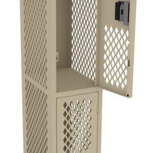 Beige metal locker with a mesh design, consisting of two compartments. The top compartment door is open, revealing two shelves. The bottom compartment is closed. Both compartments have black handle locks.