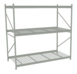 A gray, metal storage rack with three shelves. The frame features diagonal supports for stability. The shelves have a grid pattern and the rack is set against a plain white background.
