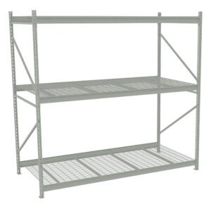 A gray, metal storage rack with three shelves. The frame features diagonal supports for stability. The shelves have a grid pattern and the rack is set against a plain white background.