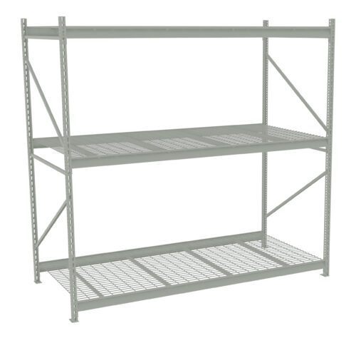 A gray, metal storage rack with three shelves. The frame features diagonal supports for stability. The shelves have a grid pattern and the rack is set against a plain white background.