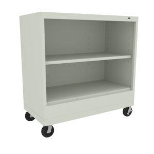 A light gray metal cabinet on four black wheels. It has two shelves and an open front, providing easy access to the storage space. The design is simple and functional.