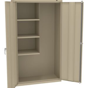 Open beige metal cabinet with two doors. Inside, it features three shelves on the left side and a tall compartment on the right, suitable for storage or organizing items. The design is simple and functional.