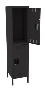 Black metal storage locker with two compartments, standing on four legs. The top compartments door is open, revealing an empty interior, while the lower compartments door is closed. The design is sleek and utilitarian.
