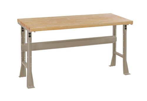 A sturdy workbench with a light wooden top and gray metal legs. The design is simple, with a rectangular tabletop and a supportive beam connecting the legs beneath.