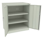 A light gray, metal storage cabinet with two open doors, revealing two shelves inside. The cabinet is empty and has a simple, industrial design.