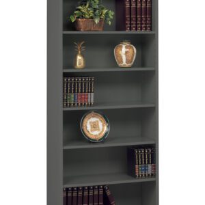A tall, dark green bookshelf with five shelves containing various leather-bound books, a potted plant, a decorative pineapple, a porcelain vase, and a patterned plate. The items are evenly distributed across the shelves.