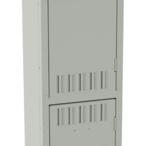 A tall, light gray metal locker with two compartments, each with a black handle. The locker features ventilation slits at the top and bottom of each door.