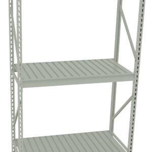 A metal storage shelf with three levels. The shelves are empty, and the unit has a sturdy, industrial design with vertical side supports and horizontal beams. The color is a light gray or silver tone.