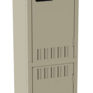 A tall beige metal locker with two vertically stacked compartments, each featuring a black handle. The locker has ventilation slots near the top and bottom of each compartment.
