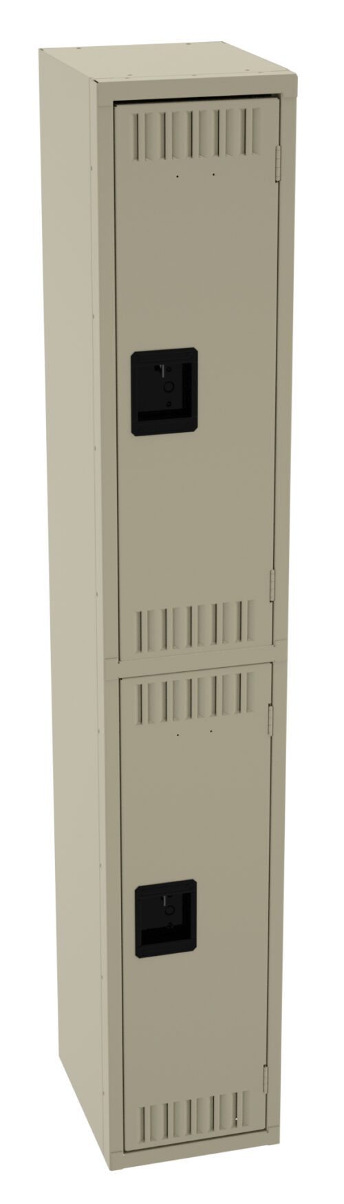rptsi0itlvqhmfcwxwxy.jpg A tall beige metal locker with two vertically stacked compartments, each featuring a black handle. The locker has ventilation slots near the top and bottom of each compartment.