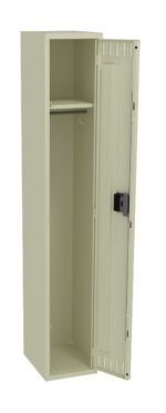Tall beige metal locker with an open door, revealing a single shelf and a hanging rod inside. The locker has a lock mechanism on the right side of the door.