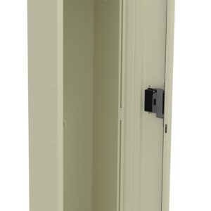 Tall beige metal locker with an open door, revealing a single shelf and a hanging rod inside. The locker has a lock mechanism on the right side of the door.