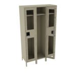 A beige metal locker with two sections. The left sections door is partially open, revealing hooks and a shelf inside. The right door is fully open, showing a similar interior with sturdy construction. Each door features a window panel.