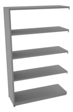 A gray, five-tiered open shelving unit with a minimalist design. The shelves are evenly spaced, and the entire structure has a sleek and modern appearance, suitable for displaying or storing items.