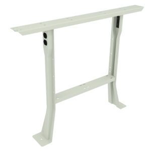 A white, metal table leg frame with two legs connected by a horizontal support beam. The legs have multiple holes for screws or bolts, indicating adjustable height options. The design is minimalist and functional.