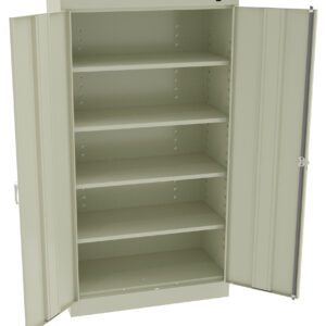 An open, beige metal storage cabinet with five empty shelves and two hinged doors. The doors have vertical ridges and a lock mechanism on one side. The cabinet is shown against a plain white background.