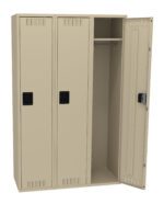 Three beige metal lockers with black handles; the first two are closed, and the third is open, revealing an interior shelf and hanging rod. The lockers have small ventilation slits at the top and bottom.