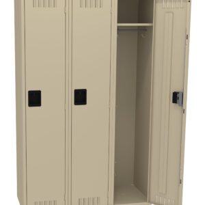Three beige metal lockers with black handles; the first two are closed, and the third is open, revealing an interior shelf and hanging rod. The lockers have small ventilation slits at the top and bottom.