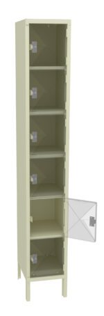 Tall beige locker with six compartments, each with a separate hinged door. The second compartment from the top has its door open, revealing an empty interior. The locker stands on four short legs.