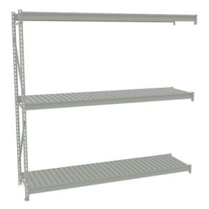 A grey, three-tiered metal shelving unit with slatted shelves is set against a white background. The shelves are supported by two vertical metal beams with holes for adjustable positioning. The unit is empty, displaying a minimalistic design.