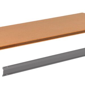 A rectangular wooden shelf is positioned above a long, thin metal bracket on a white background. The shelf features a simple, flat design, while the metal bracket appears sturdy and suitable for mounting.