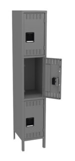 A tall, gray metal locker with three compartments, the middle door is open showing an empty interior. The locker has legs for elevation and ventilation slits on each door. There are handle-operated latches for securing each compartment.