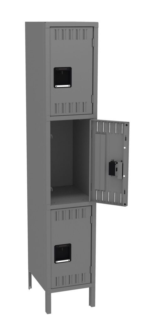 A tall, gray metal locker with three compartments, the middle door is open showing an empty interior. The locker has legs for elevation and ventilation slits on each door. There are handle-operated latches for securing each compartment.