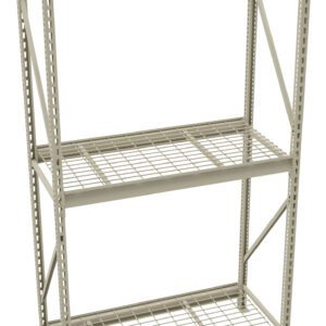 A metal shelving unit with three wire grid shelves, supported by vertical beams with holes for adjustable shelf placement. The structure is gray and utilitarian, suitable for garage or warehouse storage.