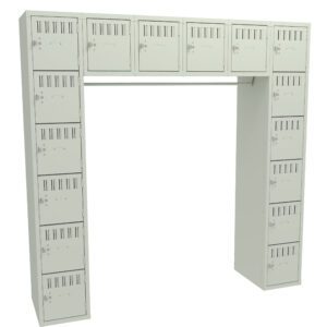 A U-shaped metal locker unit with a pale green finish. It has two vertical columns on the sides and a horizontal row on top, each containing several small lockable compartments with ventilation slots.