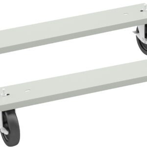 Two metal platforms with a light green finish, each mounted on two black swivel caster wheels. The platforms have small bolts on top, likely for attaching to objects or equipment for mobility.