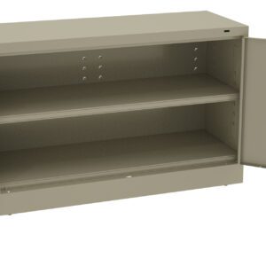 A grey metal storage cabinet with two open doors revealing two shelves. The cabinet is unadorned and has a clean, industrial appearance.