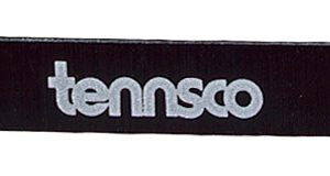 Black nameplate with white text that reads tennsco, featuring two screw holes, one on each end.
