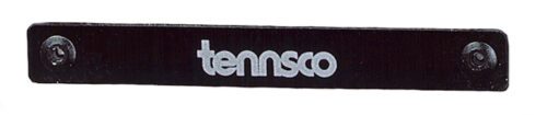 Black nameplate with white text that reads tennsco, featuring two screw holes, one on each end.