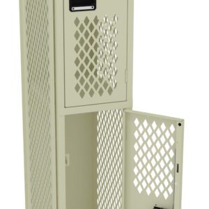 A tall, beige metal locker with a mesh design on the doors. The locker has two compartments; the top door is closed, and the bottom door is open, showing an empty interior. The locker stands on legs.