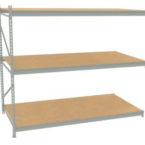 A metal shelving unit with three wide wooden shelves. The frame is light gray and the shelves are evenly spaced, suitable for storage or organizing items. The design is simple and utilitarian.