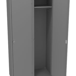 A gray metal wardrobe with two doors; the right door is open, showing an empty interior with a hanging rod inside. The left door is closed. The wardrobe has a simple, industrial design.