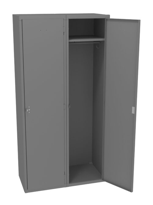 A gray metal wardrobe with two doors; the right door is open, showing an empty interior with a hanging rod inside. The left door is closed. The wardrobe has a simple, industrial design.