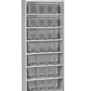 Gray metal shelving unit with seven adjustable shelves, each containing several vertical dividers creating narrow compartments. The unit is empty and stands against a white background.