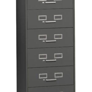 A tall, gray filing cabinet with six drawers. Each drawer has a silver handle and a label holder. The cabinet has a lock at the top right corner, providing secure storage, and stands on flat legs.