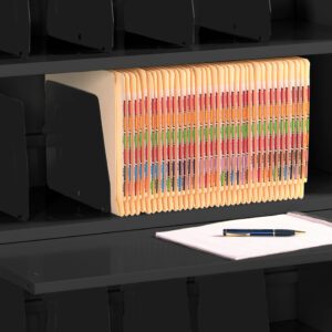 A black shelf containing a row of organized, color-coded file folders on the middle shelf. Below, a pull-out tray holds a notepad with a pen resting on top. The overall look is tidy and professional.