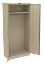 A beige metal storage cabinet with one door open, revealing an empty interior. It has a single hanging rod and adjustable shelves inside. The cabinet stands upright on a flat surface.