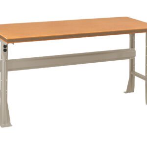 A sturdy workbench with a wooden tabletop and metallic legs. The legs have adjustable height settings, and there is a support beam connecting the legs for added stability. The design is minimal and functional, suitable for workshop use.