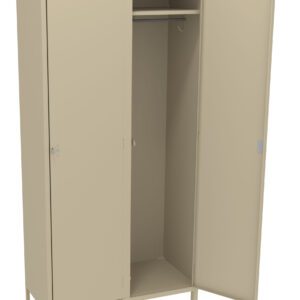 A beige metal locker with three compartments, including a middle section open to reveal a hanging rod and shelf, while the other two doors are closed. The locker stands on small legs and has a simple, industrial design.